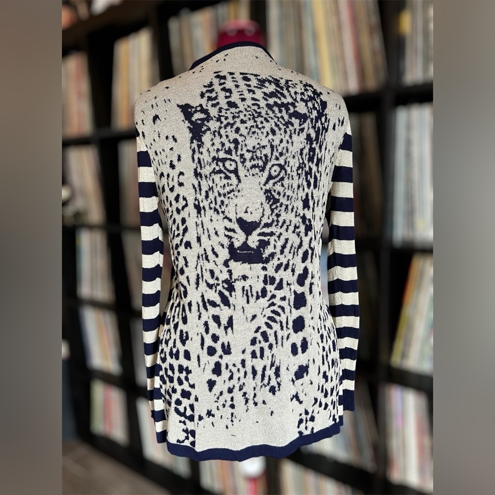 Y2K Statement Leopard Graphic Cardigan Navy & Cream With Shimmer Longline Stripe